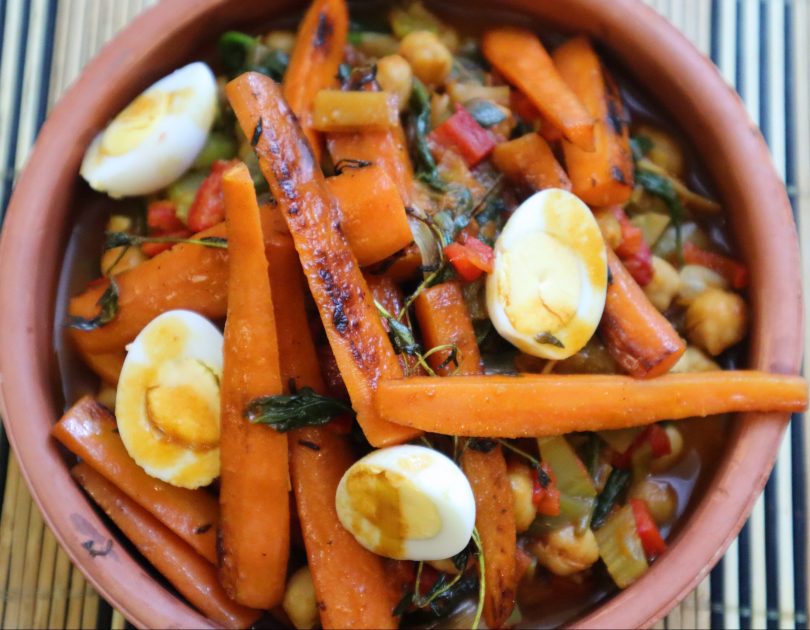 Нахут с глазирани моркови и пъдпъдъче яйце